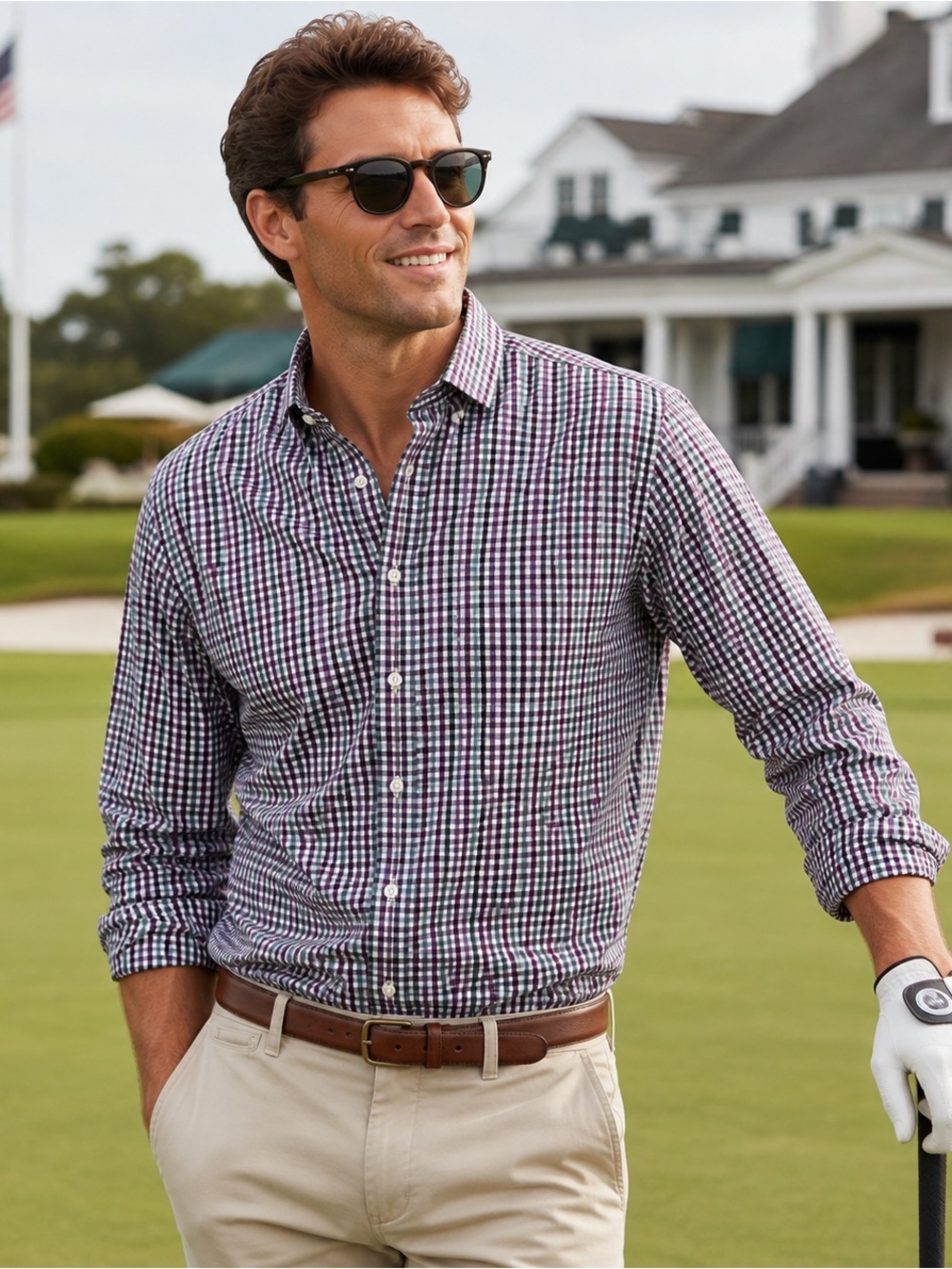 Johnnie-O Mens XL Plaid Button Down Shirt Stretch Cotton Purple Green Prep Golf